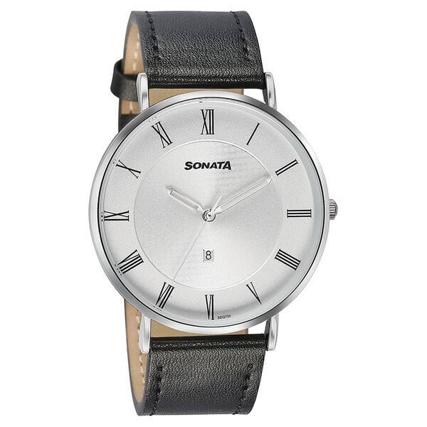Sonata Quartz Analog with Date Silver Dial Black Leather Strap Watch For Men - image number 2