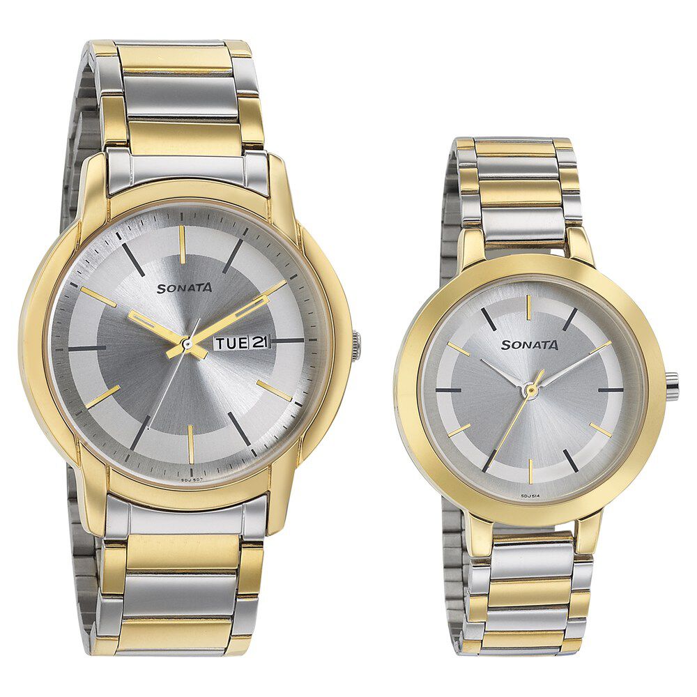Buy Online Sonata Quartz Analog Silver Dial Metal Strap Watch for Couple ns770318141km01p Sonata
