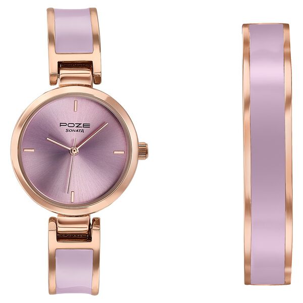 Sonata Poze Quartz Analog Purple Dial Two Toned Kada Strap Watch For Women - image number 1