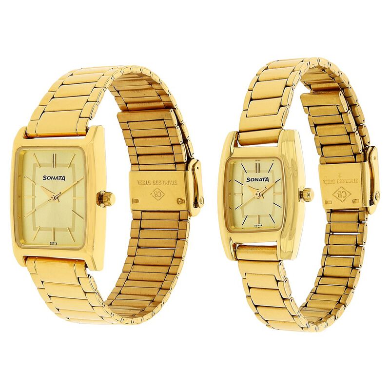Sonata Quartz Analog Champagne Dial Stainless Steel Strap Watch for Couple - image number 1