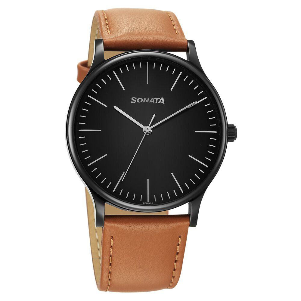 Buy Online Sonata Aspire Quartz Analog Black Dial Leather Strap Watch For Men 77105nl15w Sonata