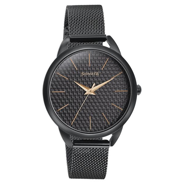Sonata Wedding Bling Quartz Analog Black Dial Black Stainless Steel Strap Watch for Women - image number 1