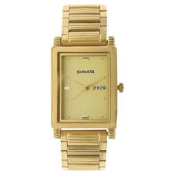 Sonata Quartz Analog with Day and Date Champagne Dial Stainless Steel Strap Watch for Men