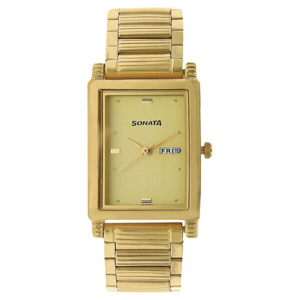 Sonata Quartz Analog with Day and Date Champagne Dial Stainless Steel Strap Watch for Men - image number 0