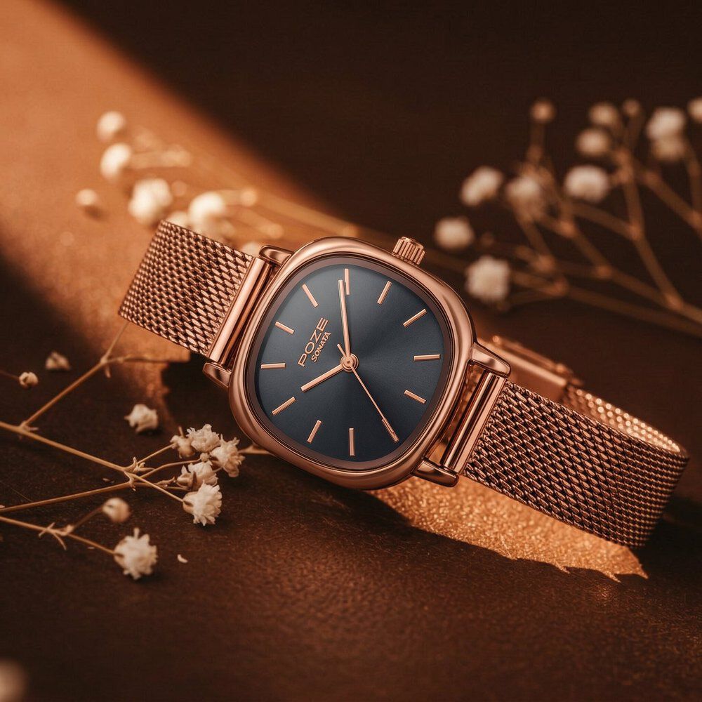 Poze By Sonata Quartz Analog Black Dial Golden Metal Strap Watch For Women-image-25