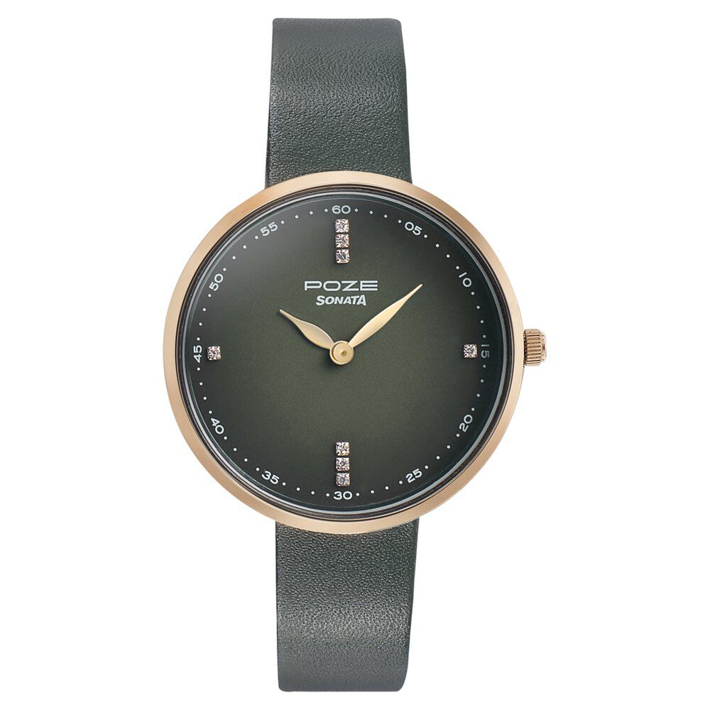 Buy Online Sonata Poze Quartz Analog Green Dial Leather Strap Watch for Women sp80012wl02 Sonata