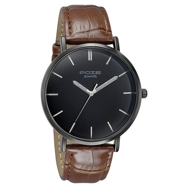 Sonata Poze Quartz Analog Black Dial Tan Leather Strap Watch For Men - image number 2