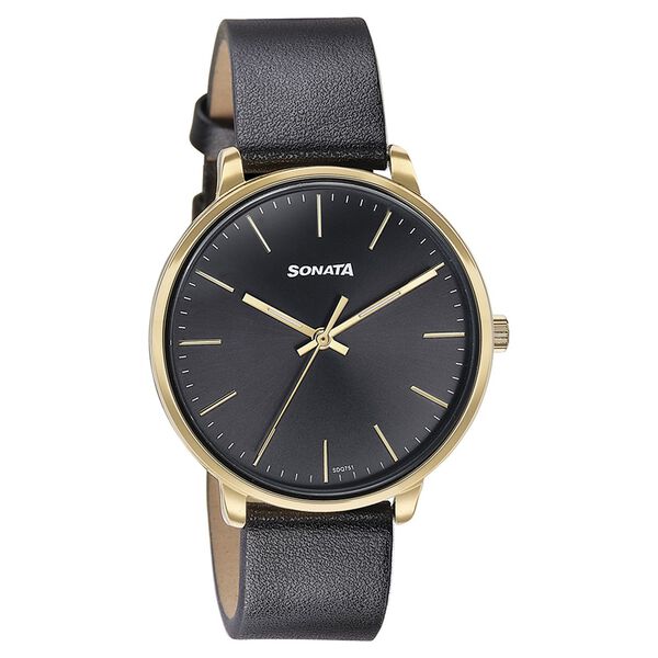 Sonata Quartz Analog Black Dial Black Leather Strap Watch For Women - image number 2