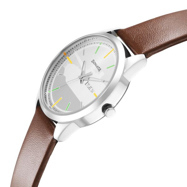 Sonata Force Quartz Analog with Day and Date Silver Dial Leather Strap Watch for Men - image number 2