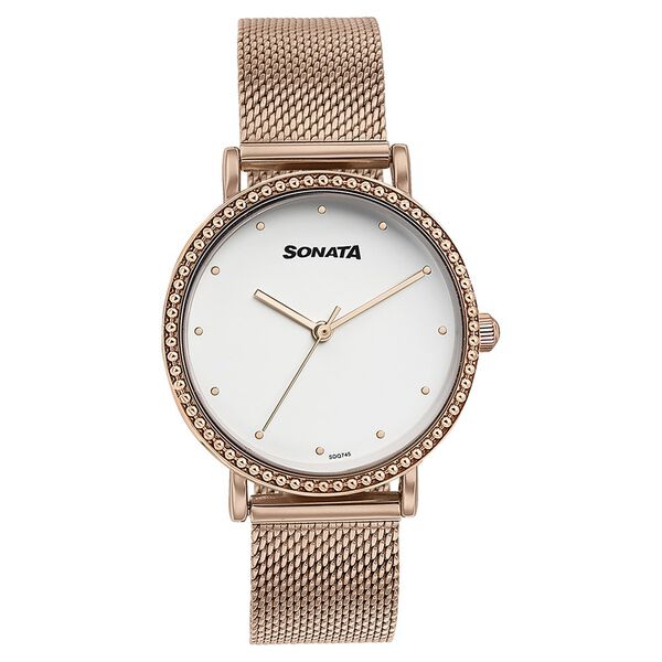 Sonata Quartz Analog White Dial Rose Gold Stainless Steel Strap Watch For Women - image number 1