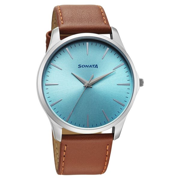 Sonata Ease Watches For Men With Brown Leather Strap And Light Blue Dial - image number 0