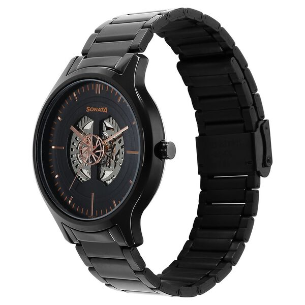 Sonata Unveil Quartz Multifunction Black Dial Stainless Steel Strap Watch for Men - image number 1