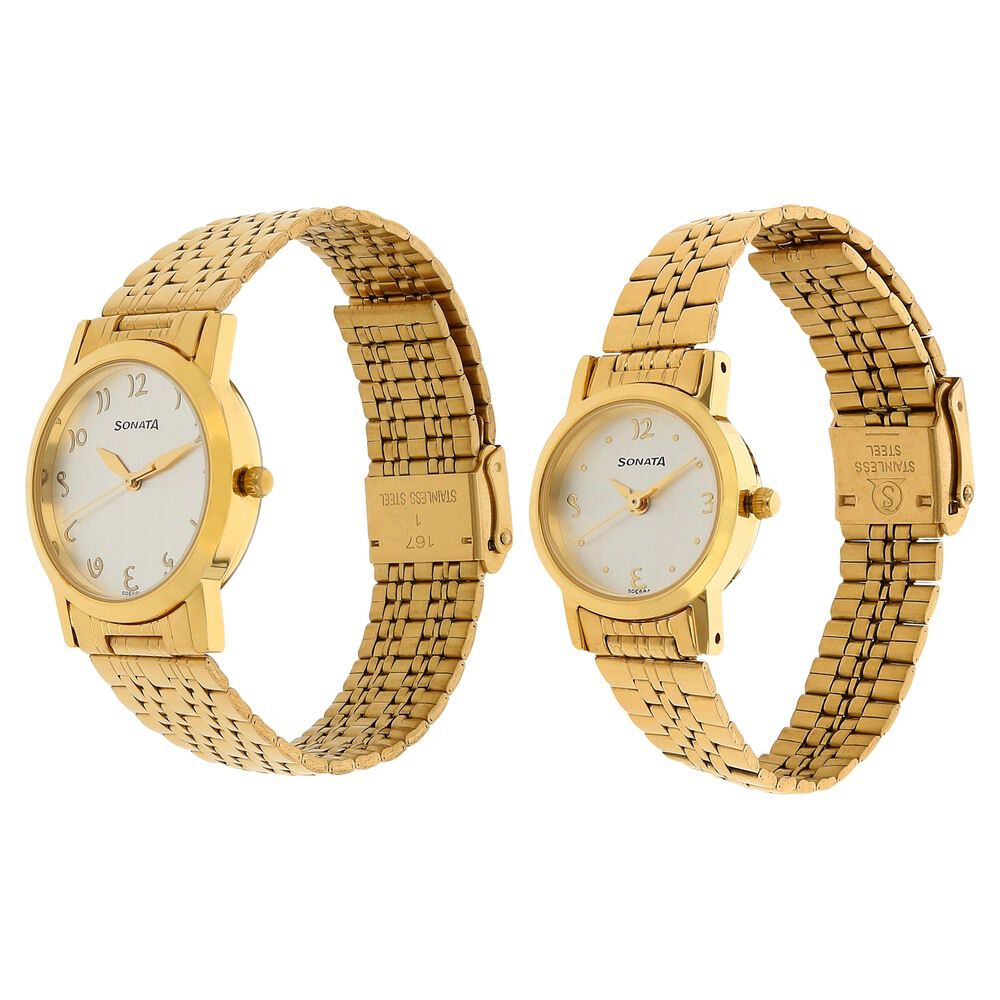 Sonata Quartz Analog Silver Dial Metal Strap Watch for Couple