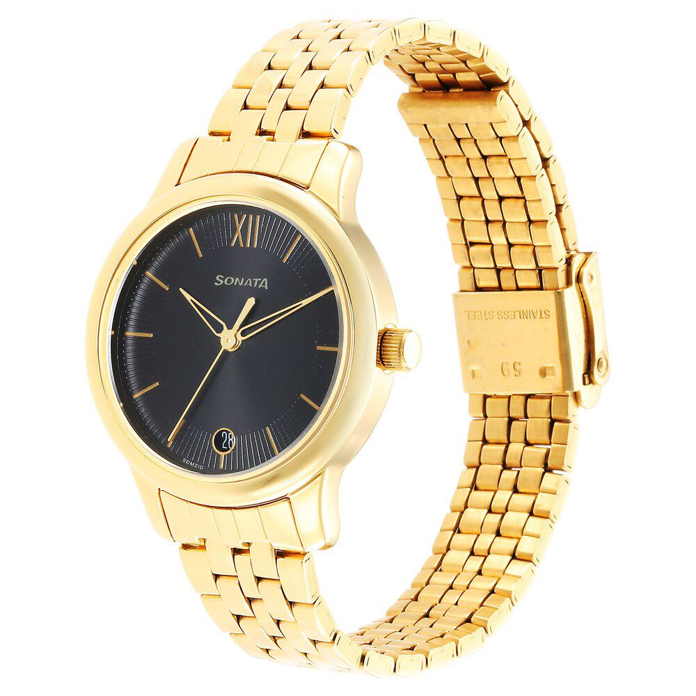Sonata Classic Gold Black Dial Metal Strap Watch for Women