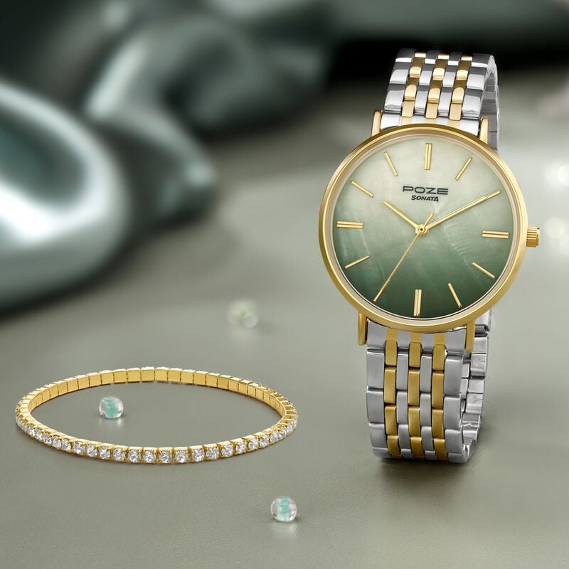 Sonata Poze Quartz Analog Green Mother Of Pearl Dial Two Toned Color  Stainless Steel Strap Watch For Women