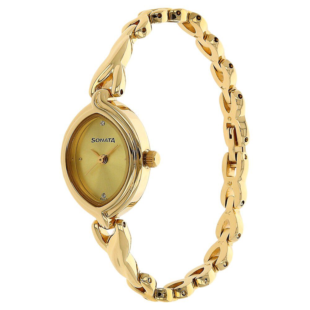 Buy Online Sonata Quartz Analog Champagne Dial Metal Strap Watch for Women ns8109ym02 Sonata