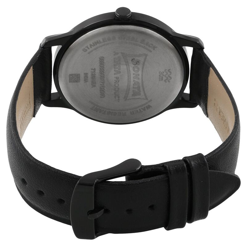 Sonata Quartz Analog Black Dial Leather Strap Watch for Men