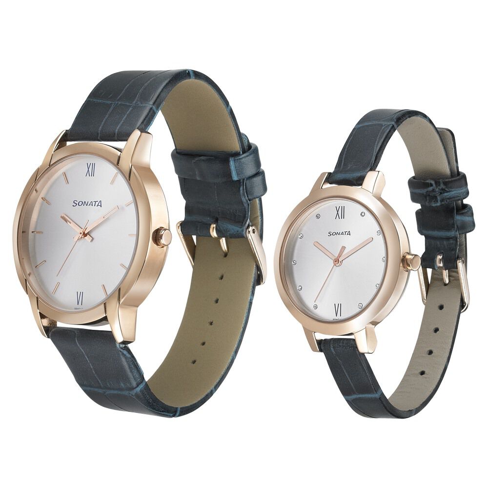 Buy Online Sonata Quartz Analog Silver Dial Leather Strap Watch for Couple np770318141wl01p Sonata