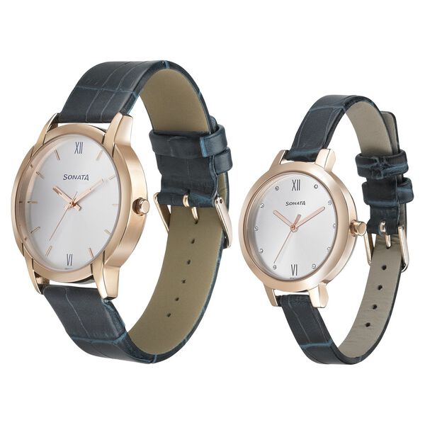Sonata Quartz Analog Silver Dial Leather Strap Watch for Couple - image number 1