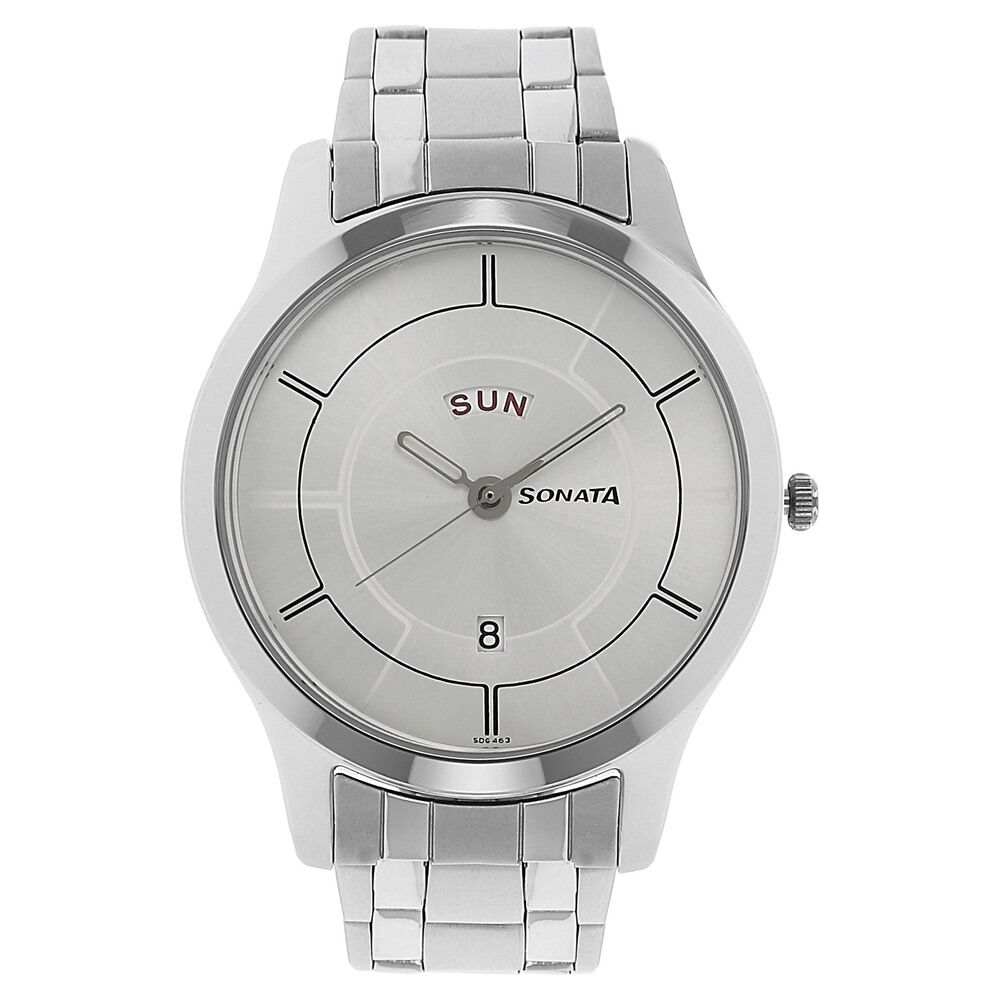 Buy Online Sonata Quartz Analog with Day and Date Silver Dial Stainless Steel Strap Watch for Men nk77063sm03 Sonata