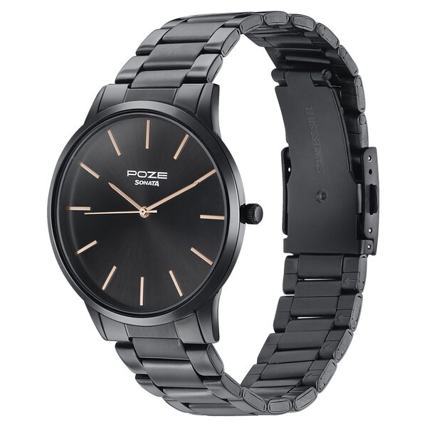 Sonata Poze Quartz Analog Black Dial Black Color Stainless Steel Strap Watch For Men - image number 3