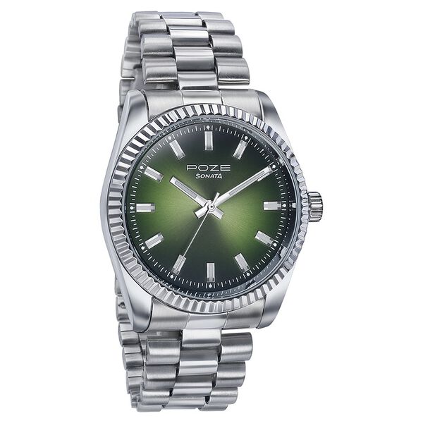Sonata Poze Quartz Analog Green Dial Silver Color Metal Strap Watch For Men - image number 2