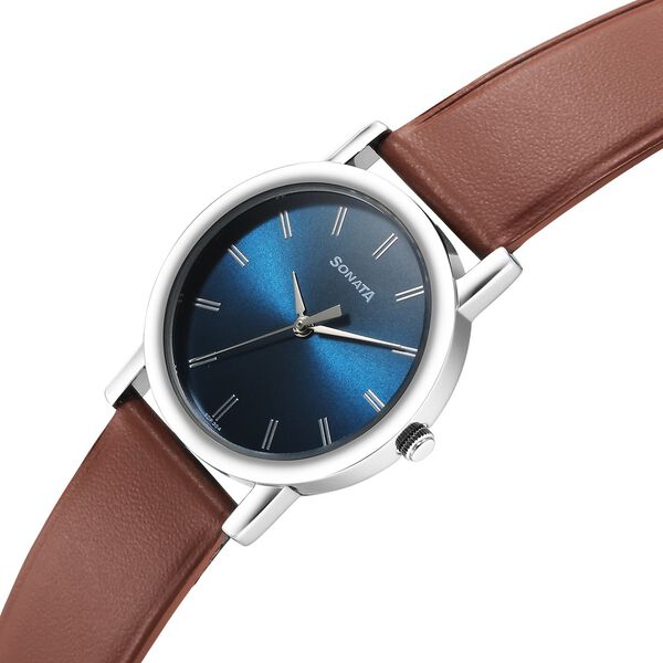 Sonata Classic Quartz Analog Blue Dial Brown Leather Strap Watch for Men - image number 2