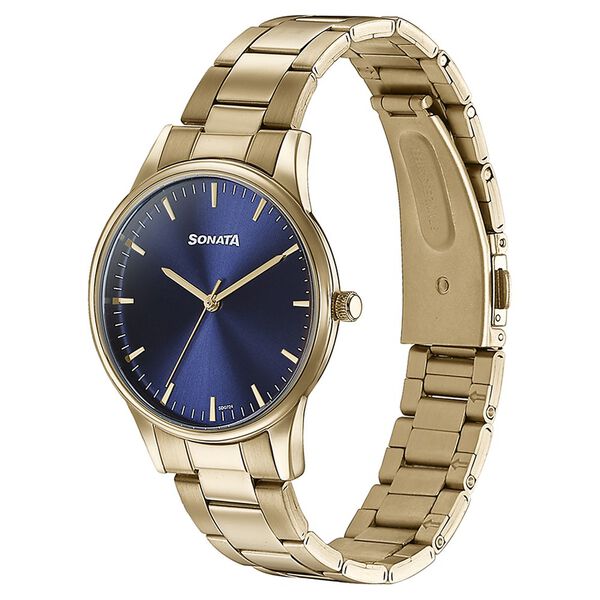 Sonata Quartz Analog Blue Dial Golden Stainless Steel Strap Watch For Men - image number 3