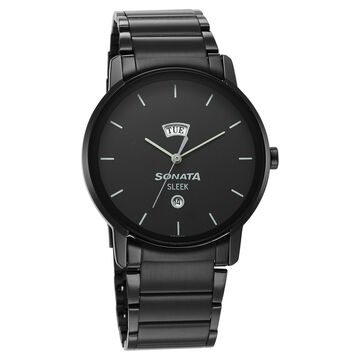 Sleek Black Dial Analog with Day and Date Watch for Men