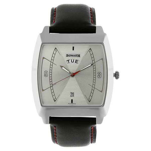 Sonata Quartz Analog with Day and Date Silver Dial Leather Strap Watch for Men - image number 0