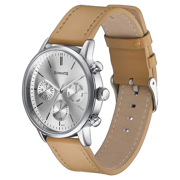 Sonata Quartz Multifunction Silver Dial Brown Leather Strap Watch For Men - image number 3
