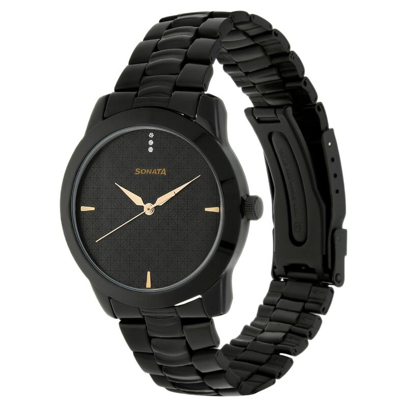 Buy Online Sonata Quartz Analog Black Dial Metal Strap Watch for