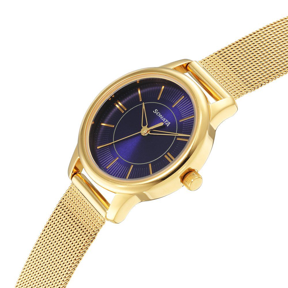 Sonata Classic Gold Blue Dial Metal Strap Watch for Women
