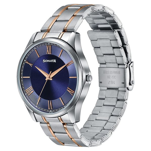 Sonata Traditional Essentials Blue Dial Silver & Rose Gold-Tone Stainless Steel Strap Watch - image number 2
