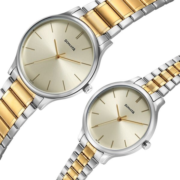 Sonata Pair Quartz Analog Champagne Dial Stainless Steel Strap Watch for Couple - image number 2