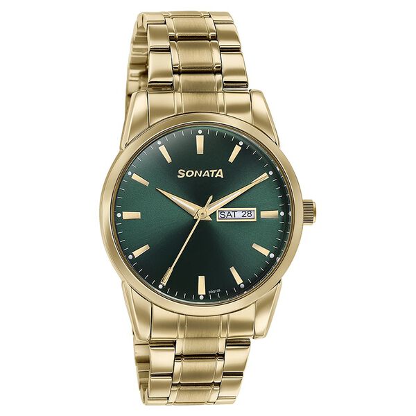 Sonata Quartz Analog with Day and Date Green Dial Golden Stainless Steel Strap Watch For Men - image number 2