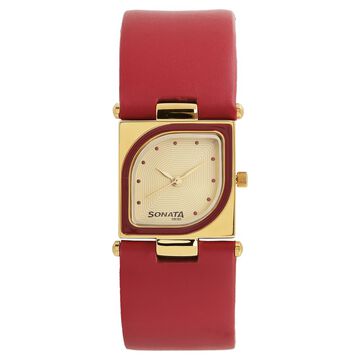 Sonata Quartz Analog Champagne Dial Red Leather Strap Watch For Women
