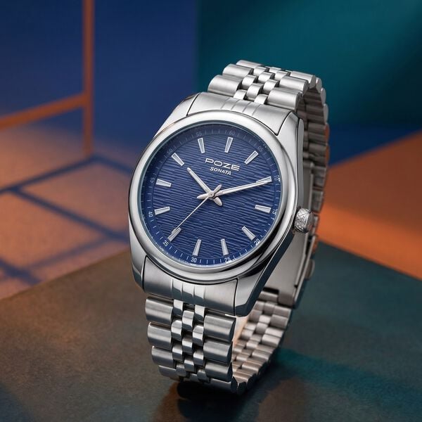 Poze By Sonata Quartz Analog Blue Dial Silver Metal Strap Watch For Men - image number 0