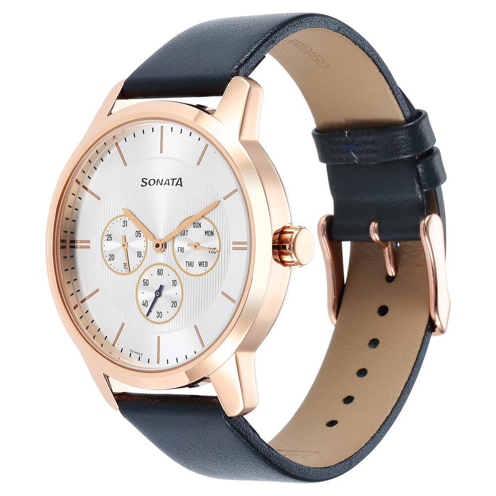 Buy Online Sonata Quartz Multifunction Silver Dial Leather Strap Watch for Men nr7139wl01 Sonata