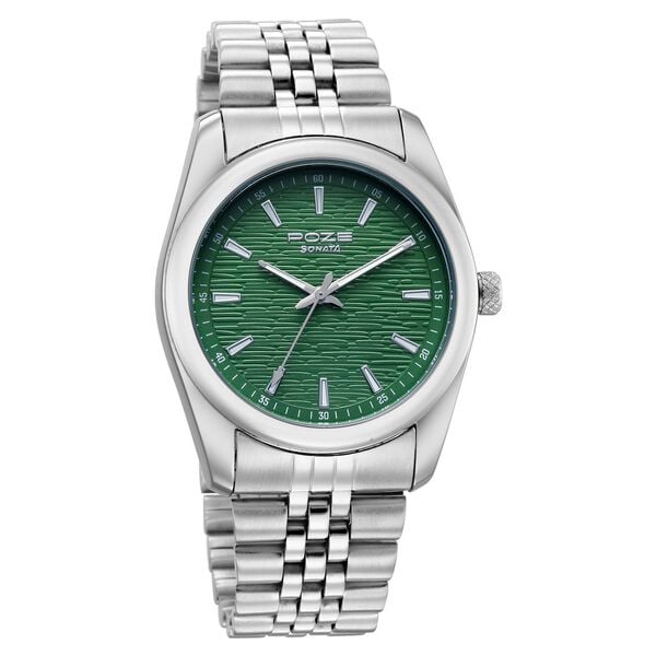 Poze By Sonata Quartz Analog Green Dial Silver Metal Strap Watch For Men - image number 1