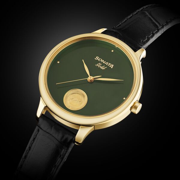 Sonata Gold Quartz Analog Sacred Forest Green With Gold Coin Dial Black Leather Strap Watch For Women - image number 1