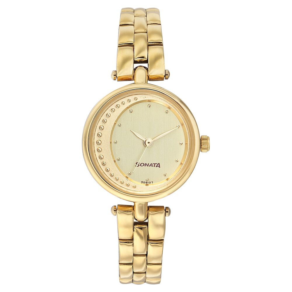 Buy Online Sonata Quartz Analog Champagne Dial Strap Watch for Women nb8075ym02 Sonata