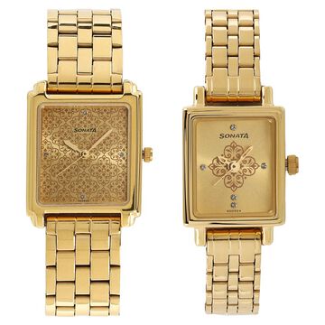 Sonata Quartz Analog Champagne Dial Stainless Steel Strap Watch for Couple
