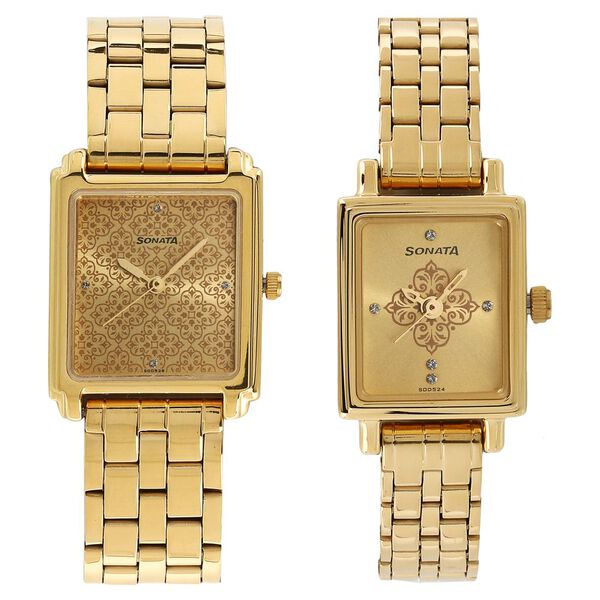 Sonata Quartz Analog Champagne Dial Stainless Steel Strap Watch for Couple - image number 0