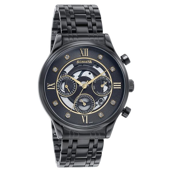 Sonata Quartz Multifunction Black Dial Stainless Steel Strap Watch For Men - image number 2