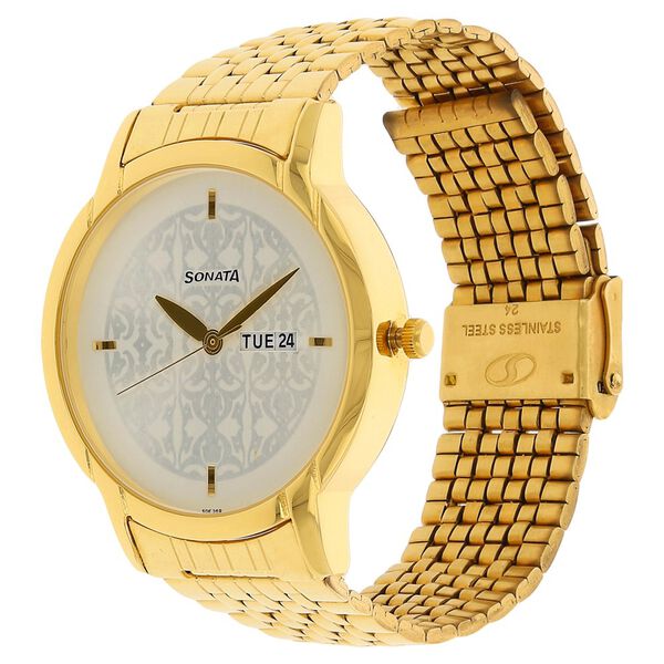 Sonata Quartz Analog with Day and Date Silver Dial Golden Stainless Steel Strap Watch For Men - image number 1