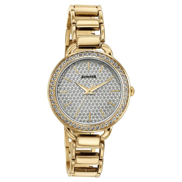 Sonata Wedding Bling Quartz Analog Silver Dial Rose Gold Metal Strap Watch for Women - image number 1