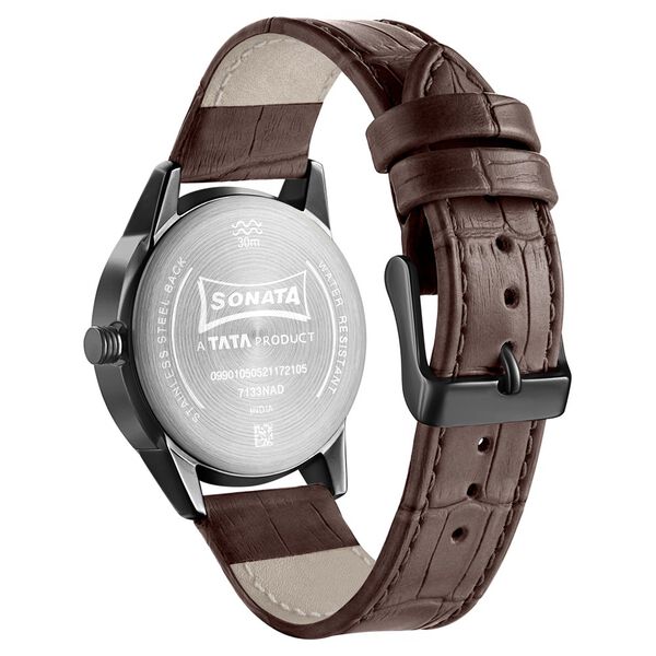 Sonata Quartz Multifunction Black Dial Leather Strap Watch for Men - image number 3