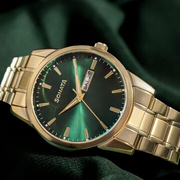 Sonata Quartz Analog with Day and Date Green Dial Golden Stainless Steel Strap Watch For Men