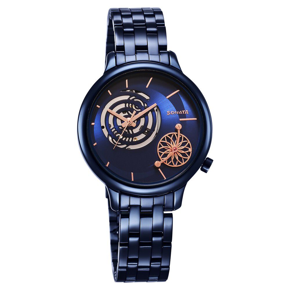 Buy Online Sonata Unveil Quartz Analog Blue Dial Metal Strap Watch for Women 8190qm04 Sonata